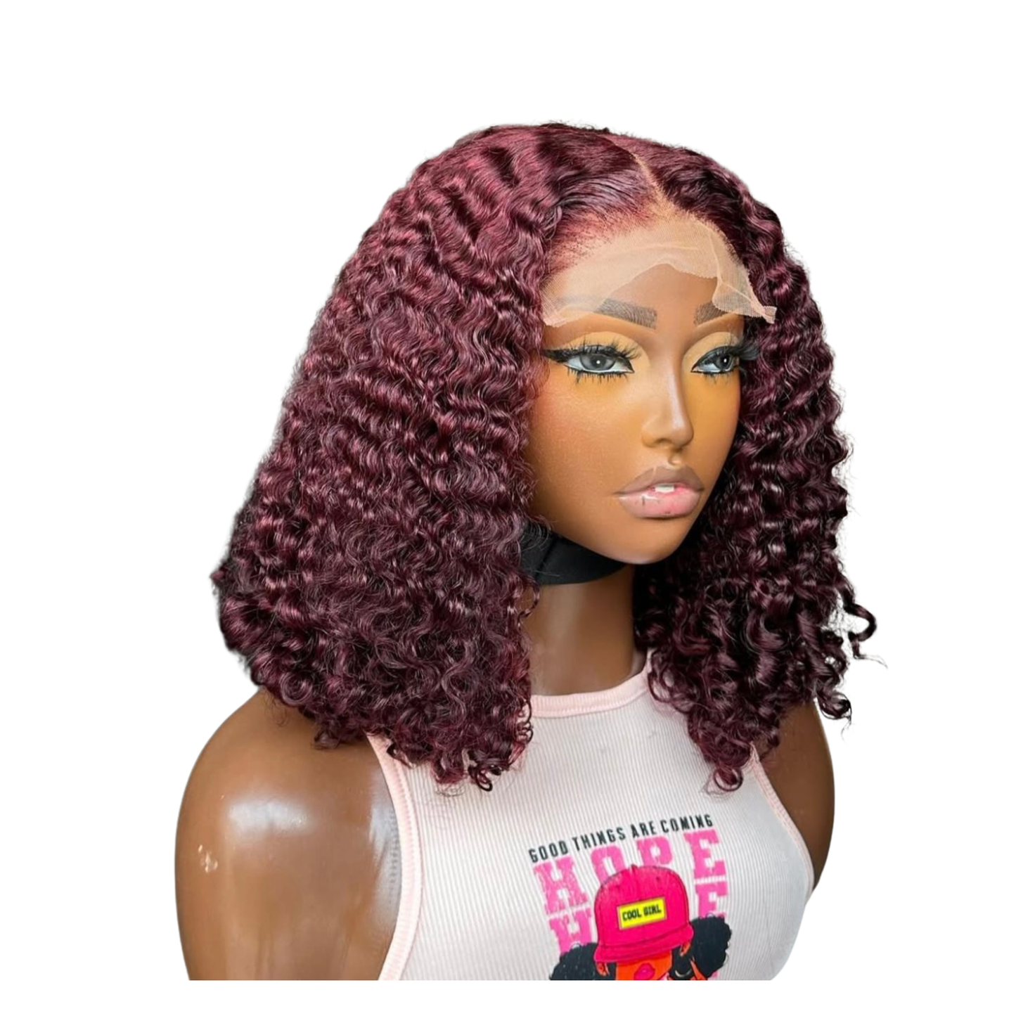 14 inches burgundy pixie curls with 5 by 5 closure